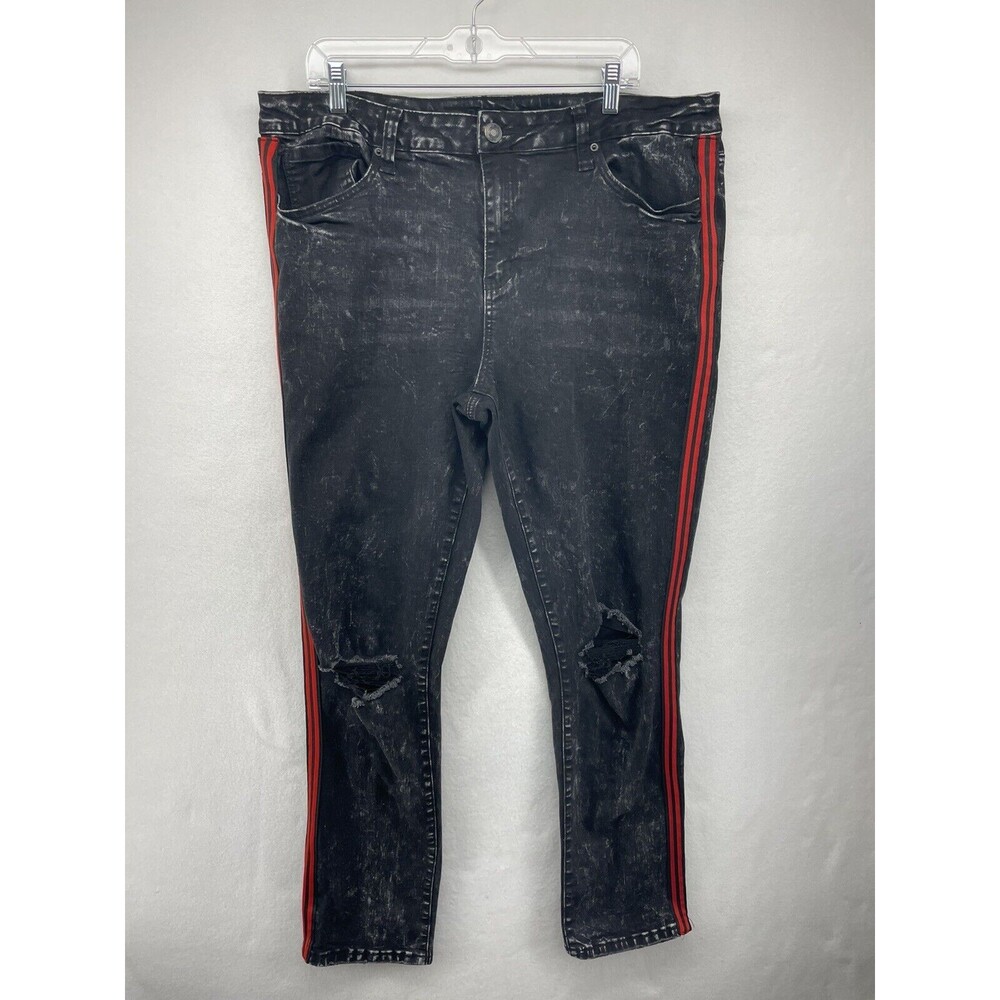 rue 21 PREMIUM MENS PANTS JEANS BLACK 38 BLOWN KNEE SIDE STRIPE DENIM ACID WASH